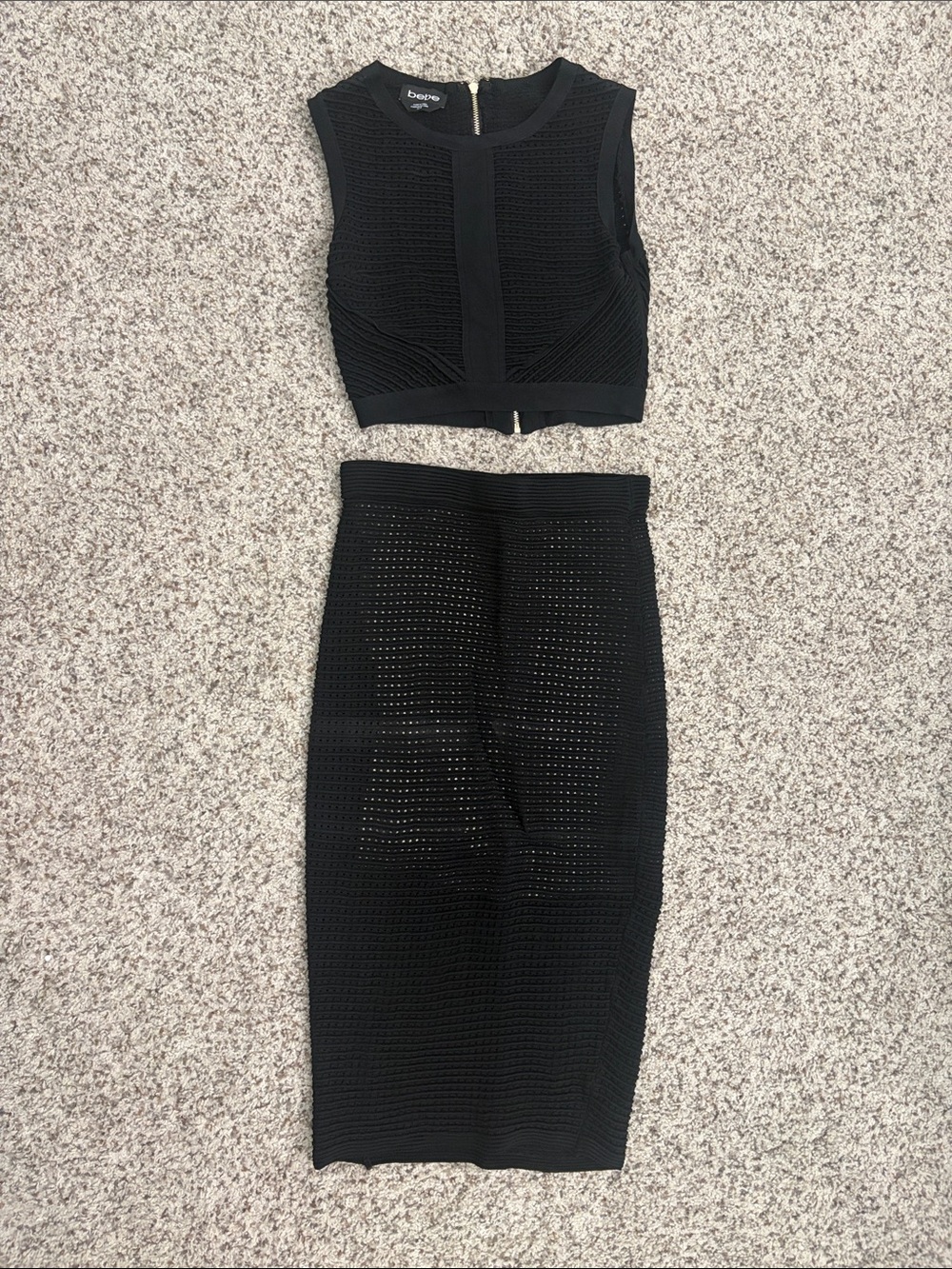 bebe Black Ribbed midi skirt set